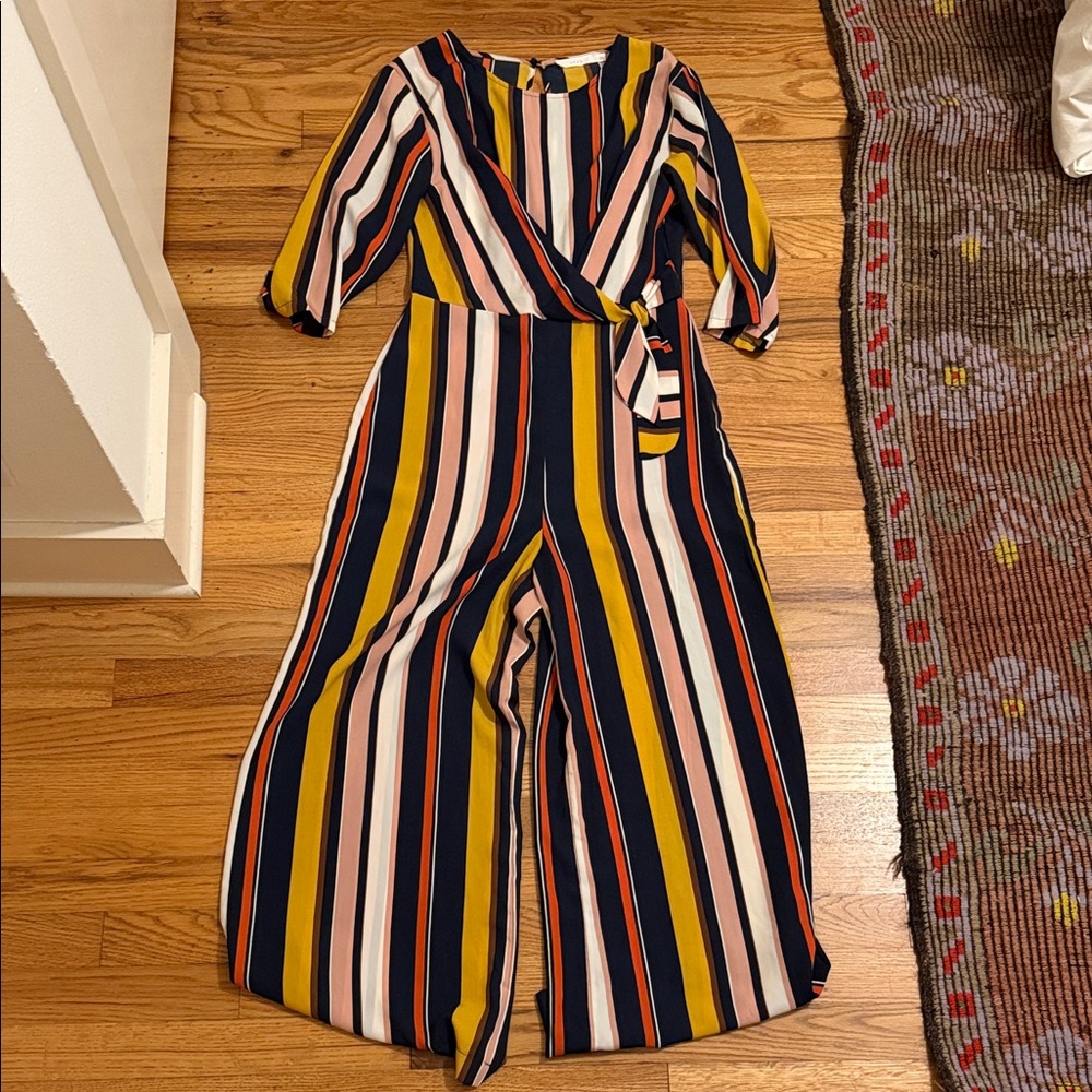 Striped Wrap Jumpsuit in Navy, Mustard & Blush